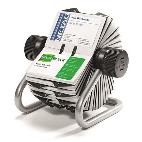 DURABLE Névjegykártyatartó, fém, 400 db-os, forgatható, fekvő, DURABLE, "VISIFIX®", ezüst