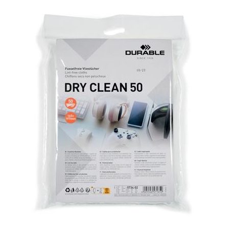 DURABLE Tisztítókendő, képernyőhöz, 50 db, DURABLE "DRY CLEAN 50", fehér