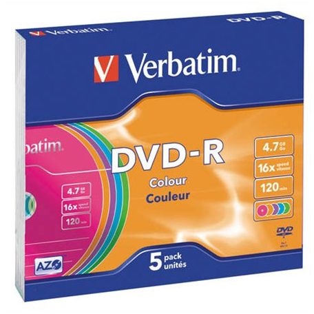 VERBATIM DVD-R lemez, színes felület, AZO, 4,7GB, 16x, 5 db, vékony tok, VERBATIM