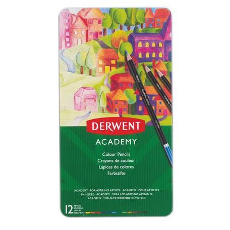 DERWENT Színes ceruza készlet, fém doboz, DERWENT "Academy", 12 különböző szín