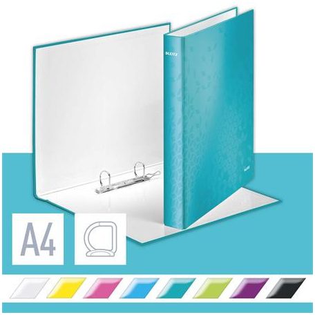 LEITZ Gyűrűs könyv, 2 gyűrű, D alakú, 40 mm, A4 Maxi, karton, LEITZ "Wow", jégkék