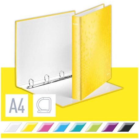 LEITZ Gyűrűs könyv, 4 gyűrű, D alakú, 40 mm, A4 Maxi, karton, LEITZ "Wow", sárga