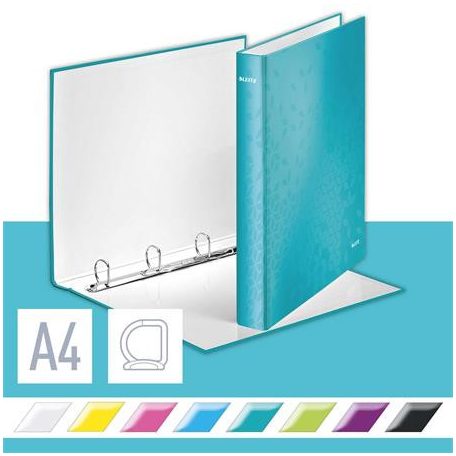 LEITZ Gyűrűs könyv, 4 gyűrű, D alakú, 40 mm, A4 Maxi, karton, LEITZ "Wow", jégkék