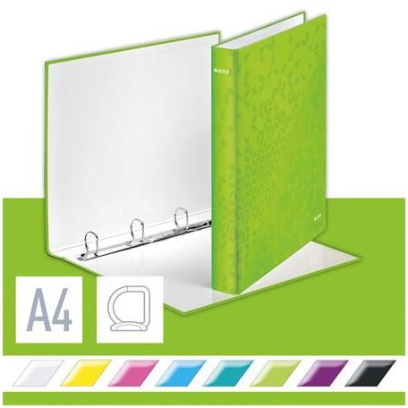 LEITZ Gyűrűs könyv, 4 gyűrű, D alakú, 40 mm, A4 Maxi, karton, LEITZ "Wow", zöld