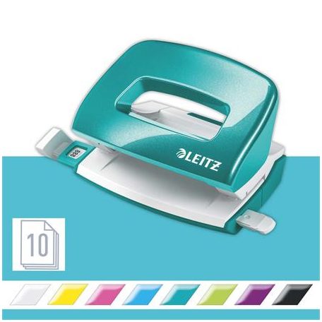 LEITZ Lyukasztó, kétlyukú, 10 lap, fém, mini, LEITZ "Nexxt Wow", jégkék
