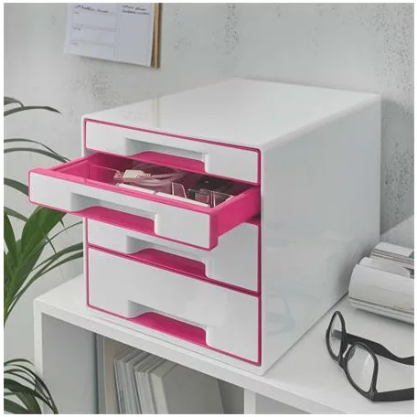 LEITZ Irattároló, műanyag, 4 fiókos, LEITZ "Wow Cube", fehér/rózsaszín