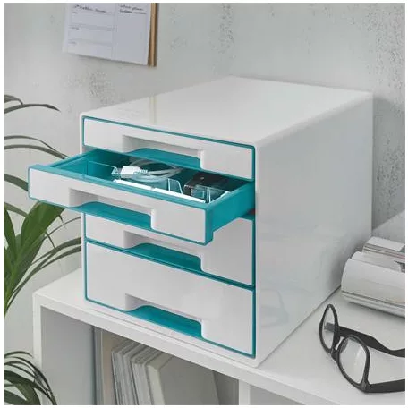 LEITZ Irattároló, műanyag, 4 fiókos, LEITZ "Wow Cube", fehér/jégkék