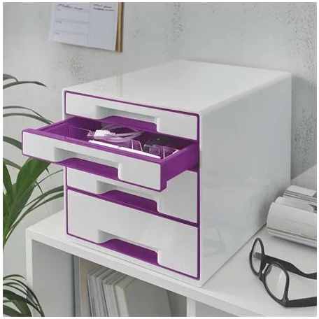 LEITZ Irattároló, műanyag, 4 fiókos, LEITZ "Wow Cube", fehér/lila