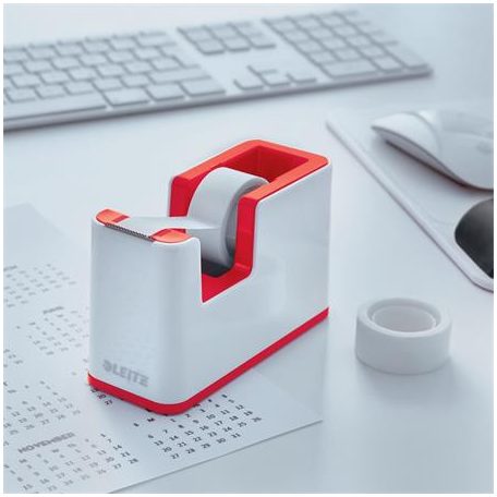 LEITZ Ragasztószalag-adagoló, asztali, feltöltött, LEITZ "Wow", fehér-piros