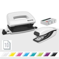  LEITZ Tűzőgép és lyukasztó szett, 10 lap, fém, LEITZ "Wow Mini", fehér