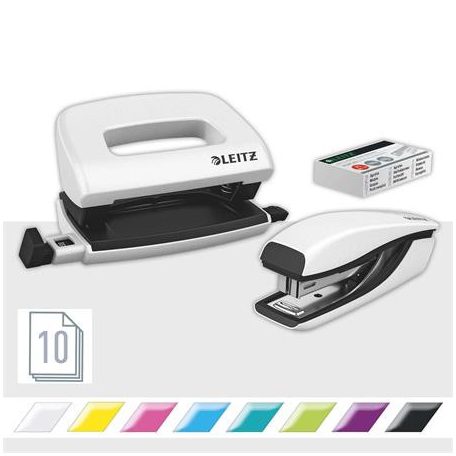 LEITZ Tűzőgép és lyukasztó szett, 10 lap, fém, LEITZ "Wow Mini", fehér