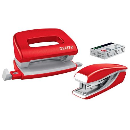 LEITZ Tűzőgép és lyukasztó szett, 10 lap, fém, LEITZ "Wow Mini", piros