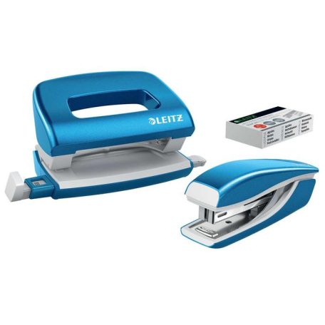 LEITZ Tűzőgép és lyukasztó szett, 10 lap, fém, LEITZ "Wow Mini", kék