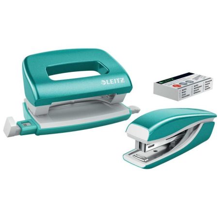 LEITZ Tűzőgép és lyukasztó szett, 10 lap, fém, LEITZ "Wow Mini", jégkék