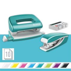   LEITZ Tűzőgép és lyukasztó szett, 10 lap, fém, LEITZ "Wow Mini", jégkék
