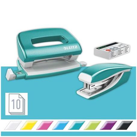 LEITZ Tűzőgép és lyukasztó szett, 10 lap, fém, LEITZ "Wow Mini", jégkék