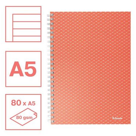 ESSELTE Spirálfüzet, A5, vonalas, 80 lap, ESSELTE "Colour'Breeze", korall
