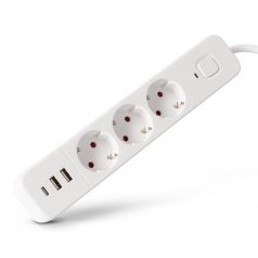   ENTAC Elosztósor, 3 aljzat, 1,5 m, USB, kapcsolóval, ENTAC, fehér