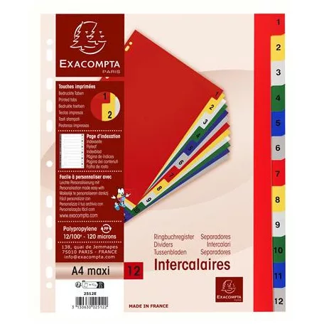 EXACOMPTA Regiszter, műanyag, A4+, 1-12, EXACOMPTA, színes