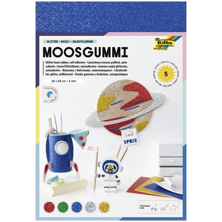 FOLIA Moosgumi, öntapadó, csillámos, 20x29 cm, 5 lap, FOLIA "Basic", 5 különböző szín