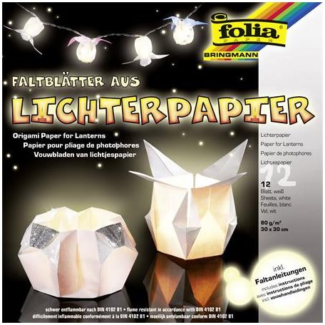FOLIA Origami papír, lámpáshoz, 30x30 cm, 80 g, 12 lap, FOLIA, fehér