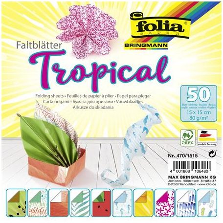 FOLIA Origami papír, 15x15 cm, 80 g, 50 lap, FOLIA "Tropical", 10 különböző minta