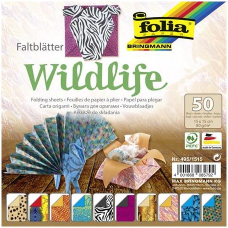 FOLIA Origami papír, 15x15 cm, 80 g, 50 lap, FOLIA "Wildlife", 10 különböző minta