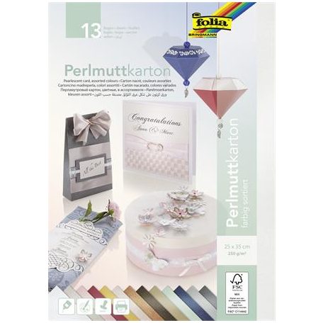FOLIA Dekorkarton, 2 oldalas, 25x35 cm, 13 lap, 250 g, FOLIA, 13 különböző gyöngyház szín
