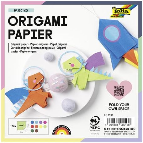 FOLIA Origami papír, 15x15 cm, 70 g, 100 lap, FOLIA, vegyes színek