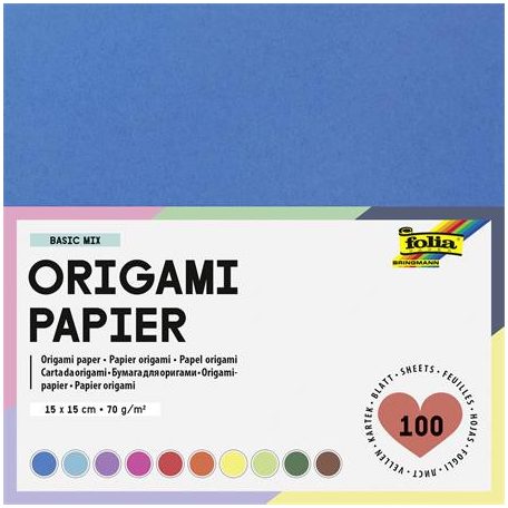 FOLIA Origami papír, 15x15 cm, 70 g, 100 lap, FOLIA, vegyes színek