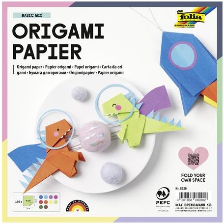 FOLIA Origami papír, 20x20 cm, 70 g, 100 lap, FOLIA, vegyes színek