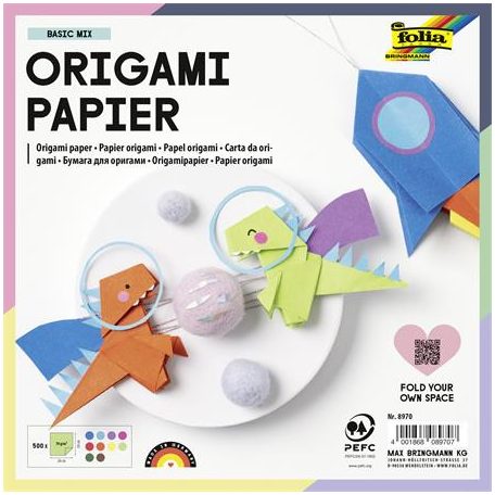FOLIA Origami papír, 20x20 cm, 70 g, 500 lap, FOLIA, vegyes színek