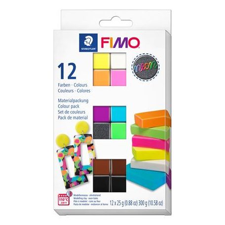 FIMO Gyurma, készlet, 12x25 g, égethető, FIMO "Effect Colours", 12 különböző neon szín
