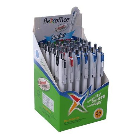 FLEXOFFICE Golyóstoll, 0,4 mm, nyomógombos, vegyes színű tolltest, FLEXOFFICE "Senior", kék