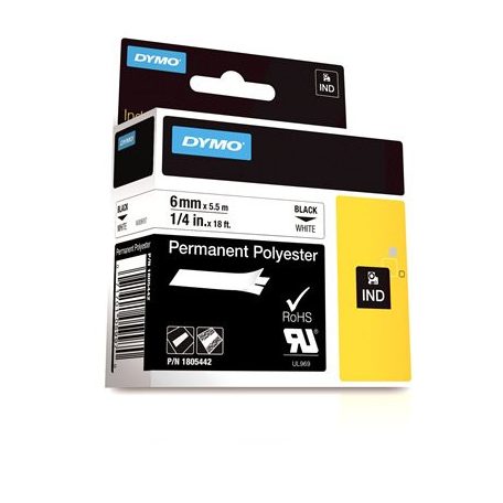 DYMO Feliratozógép szalag, tartós poliészter, 6mm x 5,5 m, DYMO, "Rhino", fehér-fekete