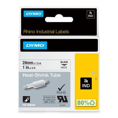 DYMO Zsugorcső feliratozógéphez, 24 mm x 1,5 m, DYMO "Rhino", fehér-fekete