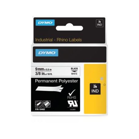 DYMO Feliratozógép szalag, tartós poliészter, 9 mm x 5,5 m, DYMO "Rhino",fehér-fekete