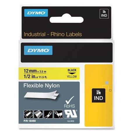 DYMO Feliratozógép szalag, flexibilis ID, 12 mm x 3,5 m, DYMO "Rhino", sárga-fekete