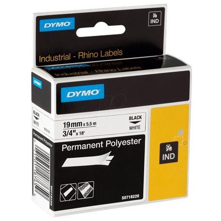 DYMO Feliratozógép szalag, tartós poliészter, 19 mm x 5,5 m, DYMO "Rhino", fehér-fekete