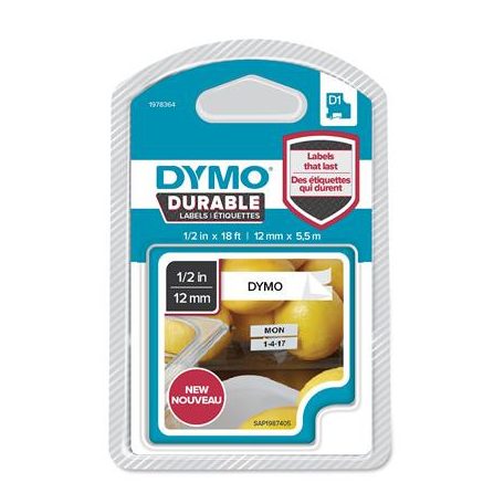 DYMO Feliratozógép szalag, 12 mm x 5,5 m, tartós, DYMO "D1", fehér-fekete