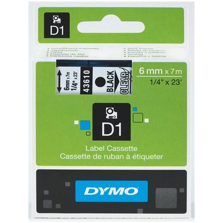 DYMO Feliratozógép szalag, 6 mm x 7 m, DYMO "D1", víztiszta-fekete