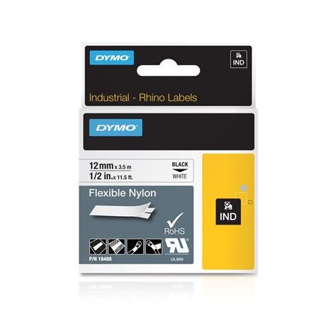 DYMO Feliratozógép szalag, flexibilis ID, 12 mm x 3,5 m, DYMO "Rhino", fehér-fekete