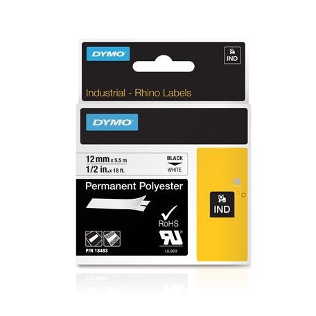 DYMO Feliratozógép szalag, tartós poliészter, 12 mm x 5,5 m, DYMO "Rhino", fehér-fekete