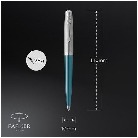 PARKER Golyóstoll, 0,7 mm rotációs, ezüst színű klip, türkiz tolltest, PARKER "Royal 51 Core", fekete