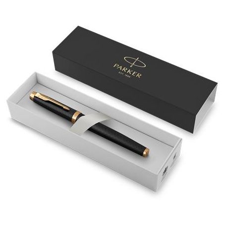 PARKER Töltőtoll, arany színű klip, cizellált fekete tolltest, PARKER "Royal IM Premium"