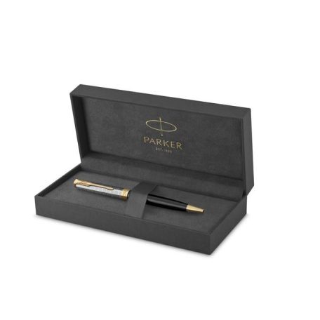 PARKER Golyóstoll, 1 mm, metál fekete tolltest, arany klip, PARKER "Royal Sonnet Premium", fekete