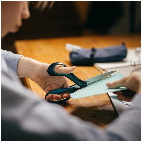 FISKARS Olló, ifjúsági, 20 cm, balkezes, FISKARS, foltos pávakék