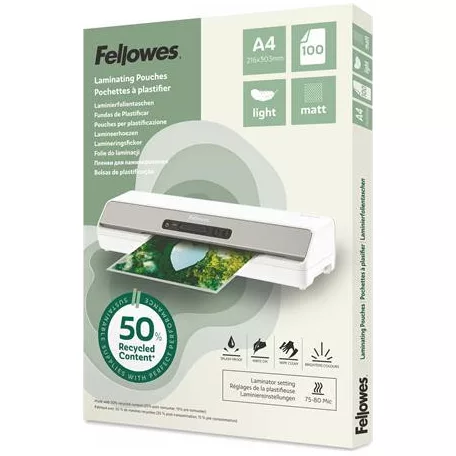 FELLOWES Meleglamináló fólia, 80 mikron, A4, matt, 100 db, FELLOWES "Light"