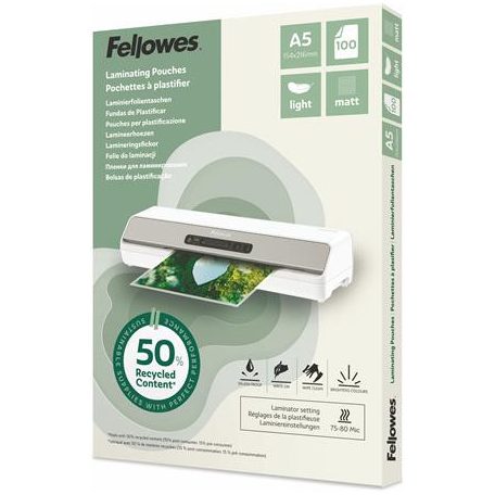 FELLOWES Meleglamináló fólia, 80 mikron, A5, matt, 100 db, FELLOWES "Light"