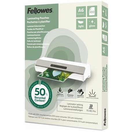 FELLOWES Meleglamináló fólia, 80 mikron, A6, fényes, 100 db, FELLOWES "Light"